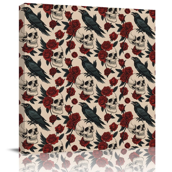 Abstract Skull Crow Red Flower Canvas Artwork Painting Art, Retro Halloween Skeleton Square Framed Wall Decorations Prints Picture for Bedroom Kitchen Living Room, 12x12 in