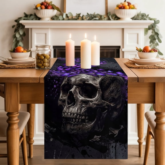 Abstract Skull Dining Table Runner, Night Mysterious Purple Butterflies Dark Skeleton Black Washable Table Runners Kitchen Coffee Table Center Decor for Home Party Holiday Wedding 13 x 36 Inches
