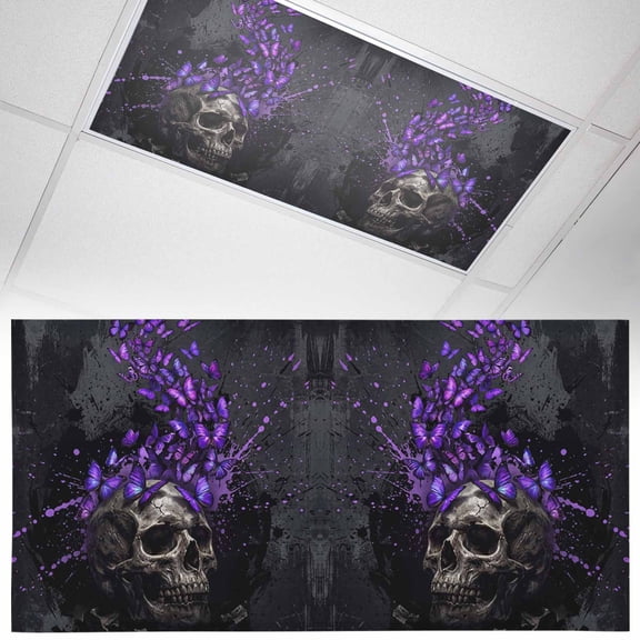 Abstract Skull Fluorescent Light Covers Night Mysterious Purple Butterflies Dark Skeleton Black Magnetic Light Filters Ceiling Lighting Panel Shade for Classroom Office Home 2 x 4 ft, 1 Pack