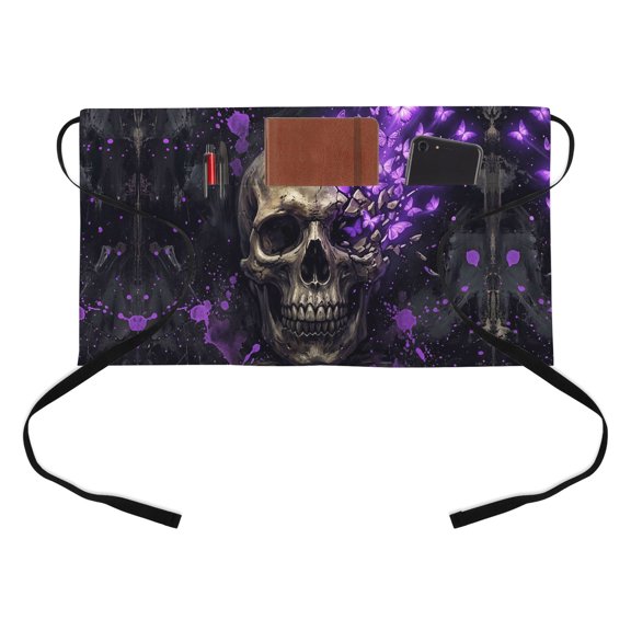 Abstract Skull Kitchen Restaurant Half Waist Apron, Vintage Mysterious Purple Butterflies Dark Skeleton Black Server Short Apron with 3 Pockets Waterproof Oil Waist Aprons for Women Waitress Waiter