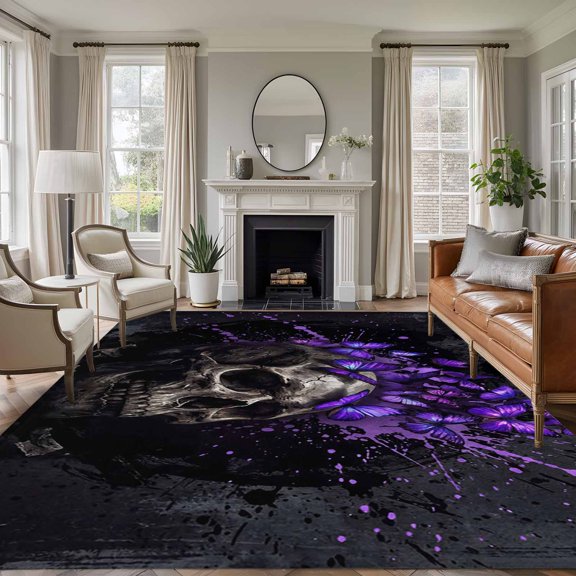 Abstract Skull Night Mysterious Purple Butterflies Dark Skeleton Black , Soft Non Slip Rugs Stain Repellent Indoor Felt Carpet for Living Dining Room Bedroom Home Office