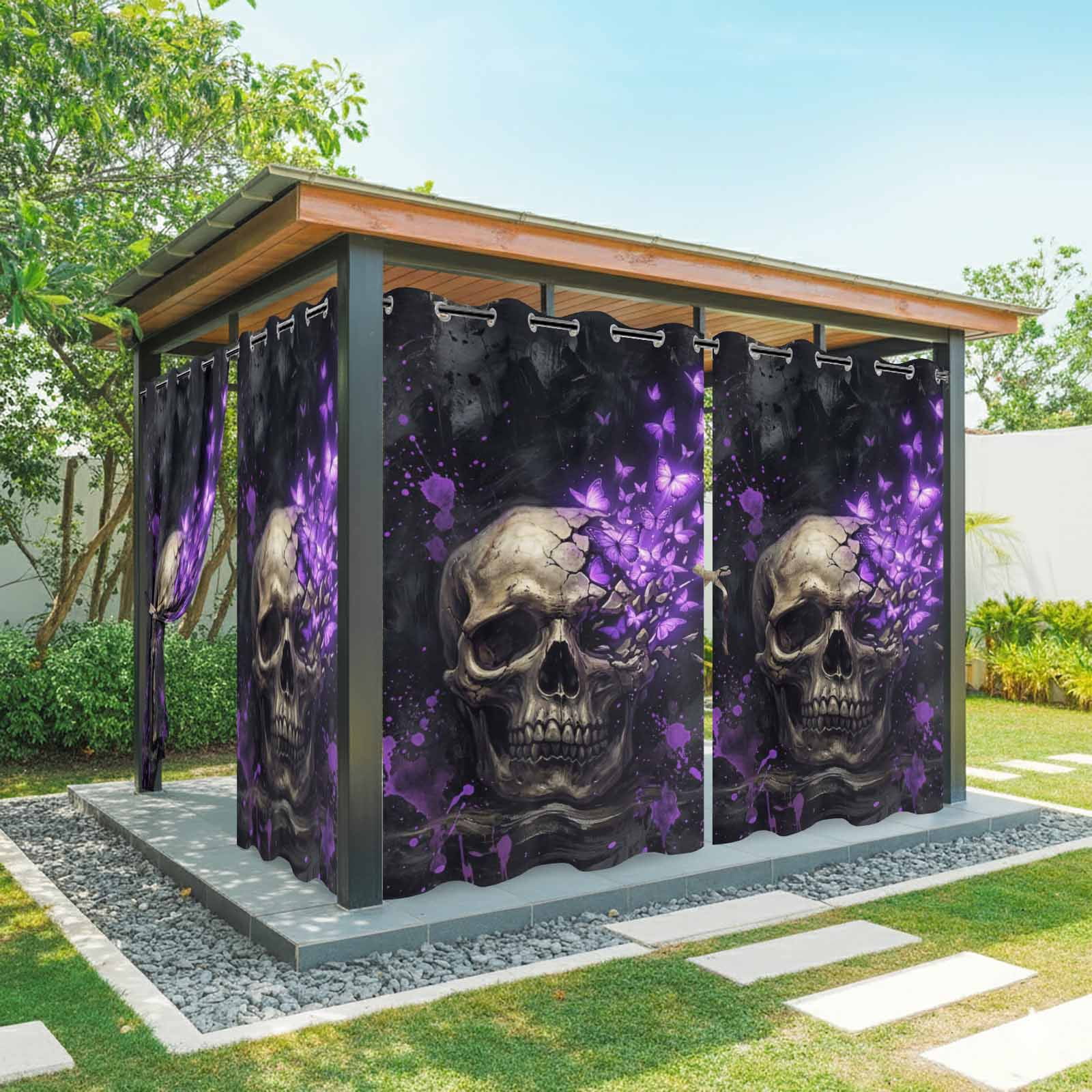 Abstract Skull Outdoor Curtains for Patio, Vintage Mysterious Purple Butterflies Dark Skeleton Black Sunshade Privacy Drapes Grommet Waterproof Outside Curtains for Porch Balcony 54"x108", 1 Panel