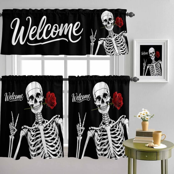 Abstract Skull Skeletons Rose Curtain Tier and Valance Set 3 Piece, Human Bone Black White 3-inch Rod Pocket Window Tier Curtains Valance for Kitchen Living Room