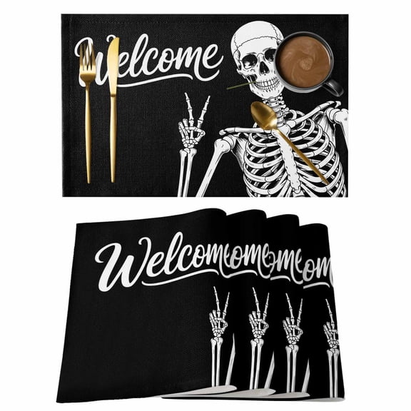 Abstract Skull Skeletons Rose Placemats Set of 6,Wipeable Washable Table Mats for Dining Tables, Human Bone Black White Place Mats for Kitchen Event Party Tabletop Decor