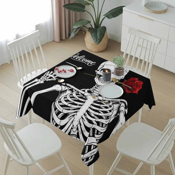 Abstract Skull Skeletons Rose Table Cloth 54x54in, Waterproof Square Tablecloth Wipeable Tablecloths Human Bone Black White Table Covers for Dining Tables Party Indoor Outdoor