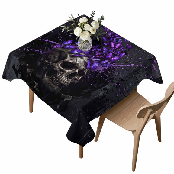 Abstract Skull Square Tablecloth Night Mysterious Purple Butterflies Dark Skeleton Black Waterproof Wrinkle Free Soft Table Cloth Spill-Proof Washable Table Cover for Dining Party Picnic 54 x 54 Inch