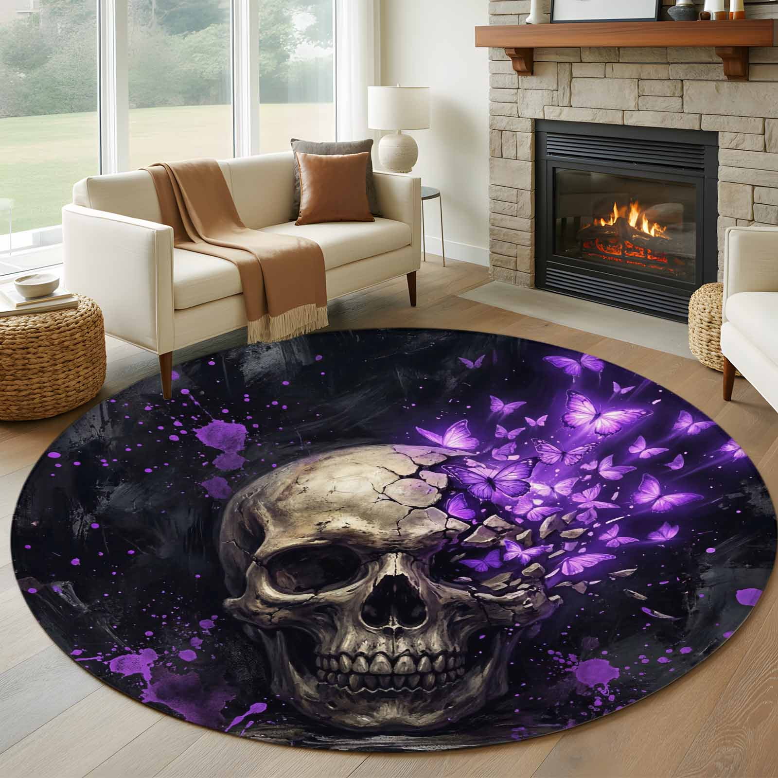 Abstract Skull Washable Round Area Rug 5 ft, Vintage Mysterious Purple ...
