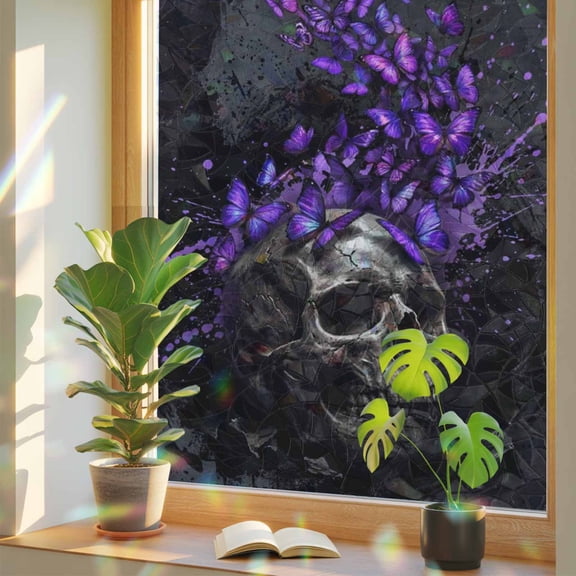 Abstract Skull Window Privacy Film, Night Mysterious Purple Butterflies Dark Skeleton Black Stained Glass Rainbow Film Decorative Window Clings, Static Cling Sun Blocking Stickers 23.6" x 59"