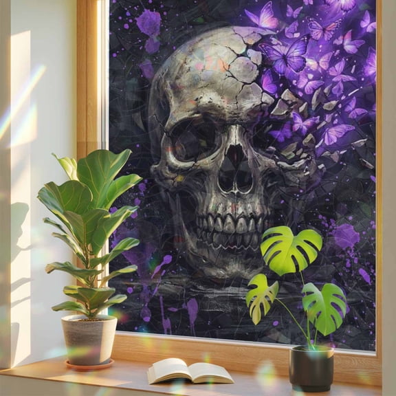Abstract Skull Window Privacy Film, Vintage Mysterious Purple Butterflies Dark Skeleton Black Stained Glass Rainbow Film Decorative Window Clings, Static Cling Sun Blocking Stickers 17.7" x 39.3"