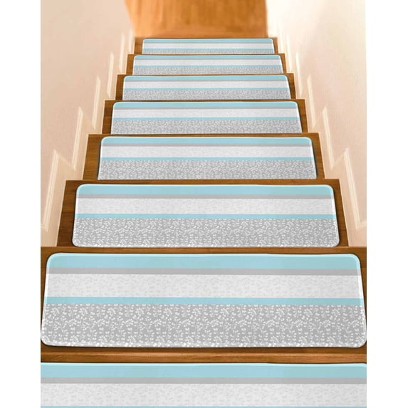 Abstract Sky Stair Treads Non Slip for Steps Blue Grey Stripes Floral Plant Modern Vintage 10 Pcs Reusable Adhesive Stair Runner Mats for Dogs Elders Carpet Treads Rugs for Staircase 8x30 In