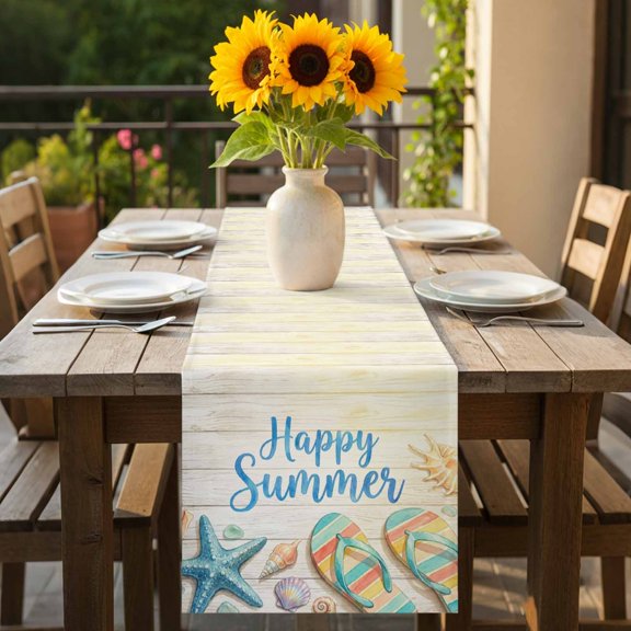 Abstract Slippers Sea Stars Shells on Wooden Table Runner 36 Inches Long,Kitchen Dining Tablerunners Happy Summer Linen Table Runners Dresser Scarves for Home Dinner Wedding Holiday Party Decor