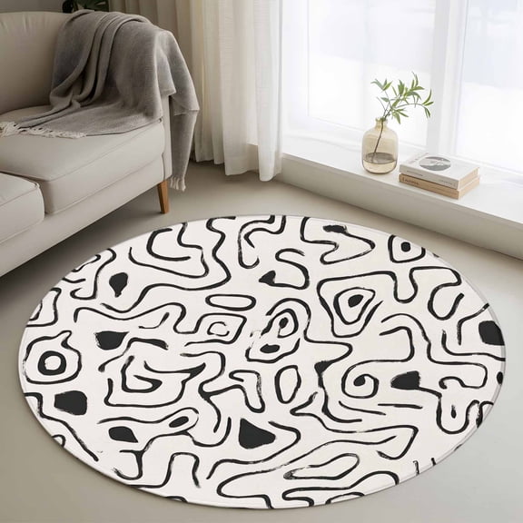 Abstract Small Round Rug 3Ft Black and White Fluid Lines Modern Artistic Texture Area Rugs Washable Non Slip Indoor Floor Mats Circle Carpet for Living Room Bedroom Dining Room Home Decor