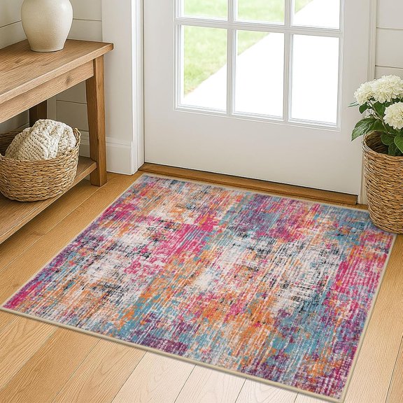Abstract Small Rug 2x3 Washable Entryway Rug, Pink/Orange/Blue | Machine Washable Kitchen Rug, Non Slip Door Mat Indoor Entrance, Soft Entry Rugs for Inside House, Printed Throw Rugs