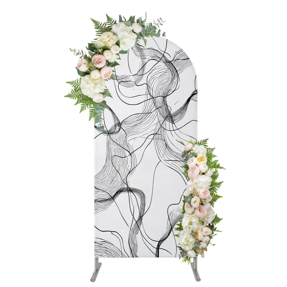 Abstract Smoky Waves Arch Backdrop Cover 5FT, Contemporary Gray White Minimalist Spandex Fitted Stretchy Arch Stand Covers, Round Top Chiara Backdrop Cover for Wedding Party Birthday Baby Shower