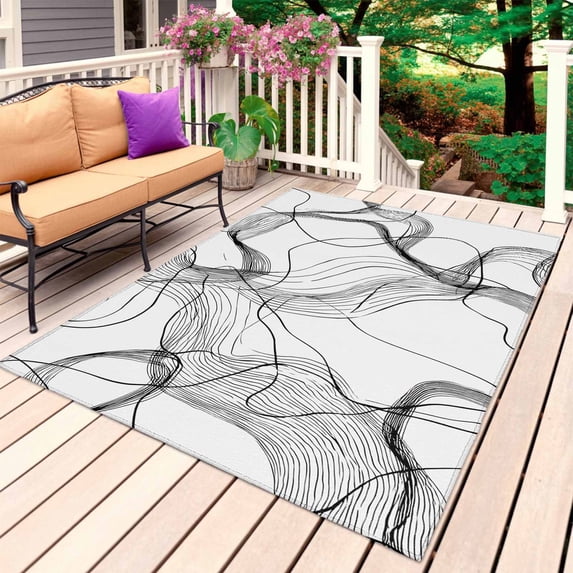 Abstract Smoky Waves Outdoor Rug for Patio/Deck/Porch, Non-Slip Large Area Rug 4 x 6 Ft, Contemporary Gray White Minimalist Indoor Outdoor Rugs Washable Area Rugs, Camping Rug Carpet Runner