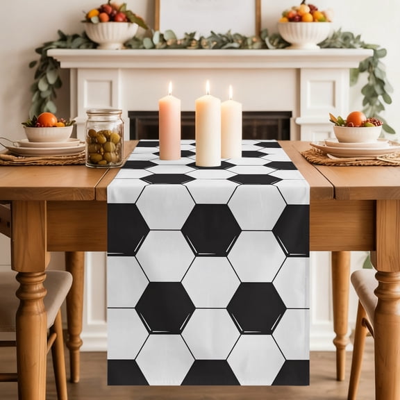 Abstract Soccer Skin Table Runner 13x36 Inch Modern Abstract Symmetrical Black White Plaid Cotton Linen Dining Table Runner Ideal for Dresser Kitchen Coffee Tables - Machine Washable
