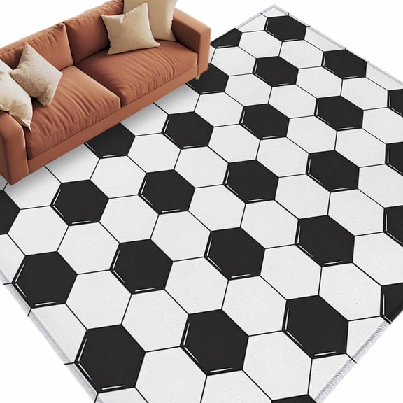 Abstract Soccer Skin Washable Living Room Rugs 9'x12', Modern Abstract Symmetrical Black White Plaid Low Pile Throw Large Area Rug Non-Slip Sturdy Edge Binding Carpet for Bedroom Dining Room Office