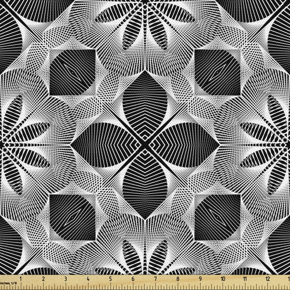 Abstract Sofa Upholstery Fabric by the Yard, Antique Inspired Design of Art Hatched Floral and Geometrical Items, Decorative Fabric for DIY & Home Accents, 1 Yard, Charcoal Grey and White by Ambesonne