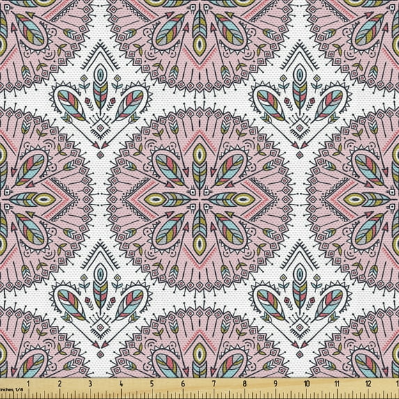 Ambesonne Abstract Fabric by the Yard Upholstery, Boho Style Medallion Art, 3 Yards, Rose and Multicolor