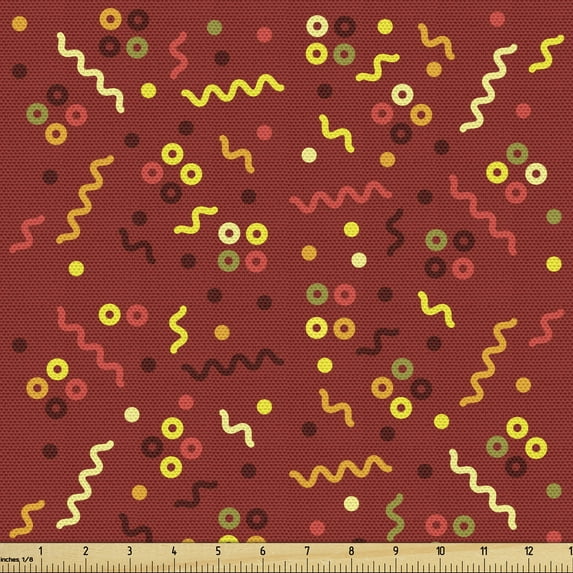 Ambesonne Abstract Fabric by the Yard Upholstery, Cheerful Motif Memphis Art, 1 Yard, Vermilion and Multicolor