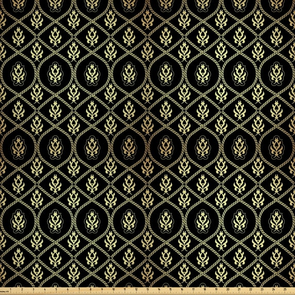 Abstract Sofa Upholstery Fabric by the Yard, Damask Style Arranged Ornaments Bicolored Illustration Print, Decorative Fabric for DIY and Home Accents, Charcoal Grey and Pastel Yellow by Ambesonne