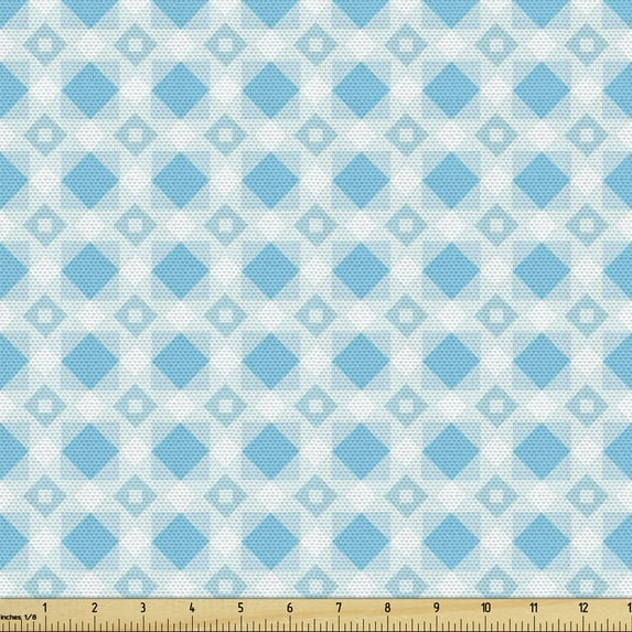 Abstract Sofa Upholstery Fabric by the Yard, Diamond Shaped Geometric Squares Modern Creative in Retro Influences, Decorative Fabric for DIY and Home Accents, Azure Blue and White by Ambesonne