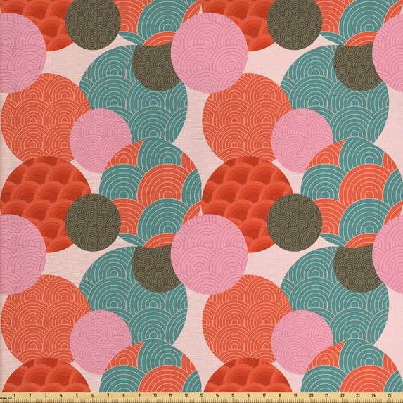 Ambesonne Abstract Fabric by the Yard Upholstery, Coral Tone Stripes Circles, 3 Yards, Multicolor