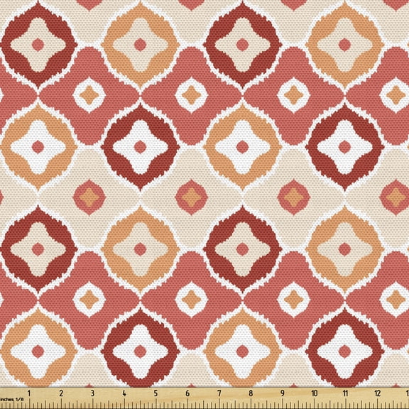 Abstract Sofa Upholstery Fabric by the Yard, Ikat Inspired Design Round Salmon Pink Retro Motifs, Decorative Fabric for DIY and Home Accents, Salmon Cinnamon by Ambesonne
