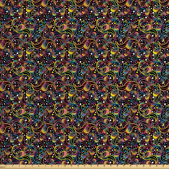 Abstract Sofa Upholstery Fabric by the Yard, Jumble Sixties Inspirations with Colorful Dots and Swirls on a Black Background, Decorative Fabric for DIY and Home Accents, Multicolor by Ambesonne