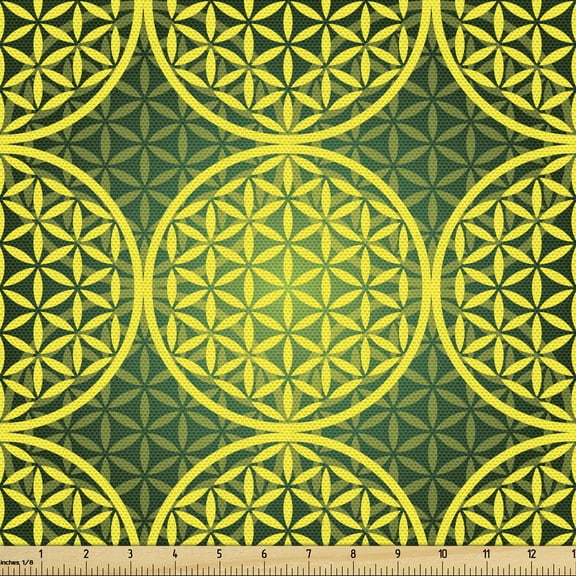 Ambesonne Modern Fabric by the Yard Upholstery, Vivid Flower of Life, 1 Yard, Yellow Hunter Green