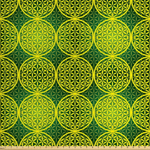 Ambesonne Modern Fabric by the Yard Upholstery, Vivid Flower of Life, 2 Yards, Yellow Hunter Green