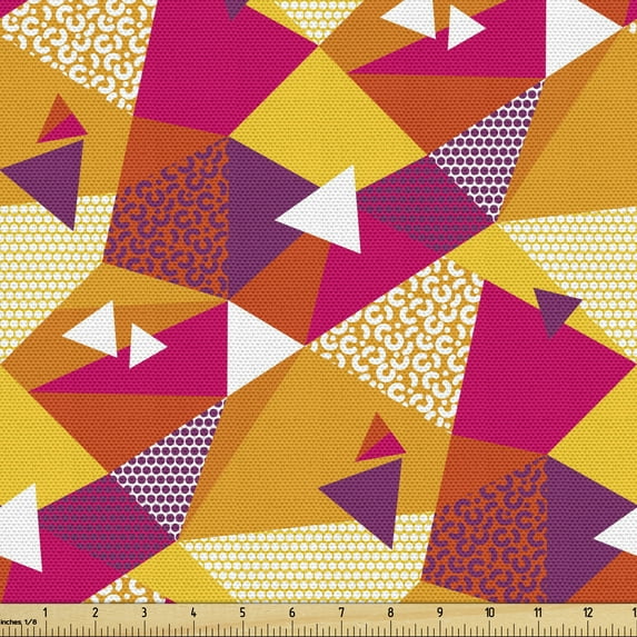 Abstract Sofa Upholstery Fabric by the Yard, Repetitive 90's Style Design Triangles Stripes Dots Geometric Illustration Print, Decorative Fabric for DIY and Home Accents, Multicolor by Ambesonne