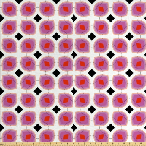 Ambesonne Abstract Fabric by the Yard Upholstery, 70's Retro Circular Art, 10 Yards, Pink Vermilion