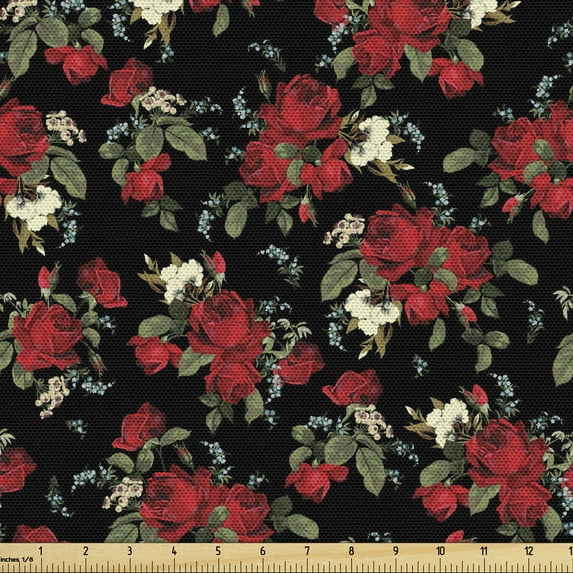 Abstract Sofa Upholstery Fabric by the Yard, Shabby Form Garden Farm Flowers Leaves Roses and Violets Design, Decorative Fabric for DIY and Home Accents, Olive Green Black Red by Ambesonne