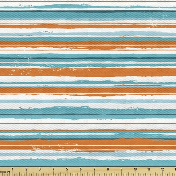 Abstract Sofa Upholstery Fabric by the Yard, Sketch Style Waves Stripes Motif Pattern on Plain Backdrop, Decorative Fabric for DIY and Home Accents, White Dark Seafoam and Vermilion by Ambesonne