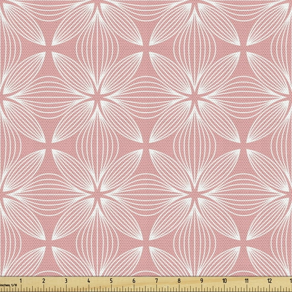 Abstract Sofa Upholstery Fabric by the Yard, Zen Oriental Geometric Circles Intersecting Floral Beauty Pastel Pattern, Decorative Fabric for DIY and Home Accents, Pastel Pink White by Ambesonne