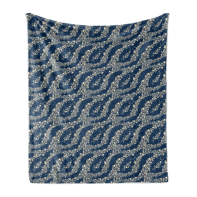 Abstract Soft Flannel Fleece Blanket, Bubbly Elements Bicolour Design Irregular Spots Stream Illustration, Cozy Plush for Indoor and Outdoor Use, 60" x 80", Night Blue and Champagne, by Ambesonne