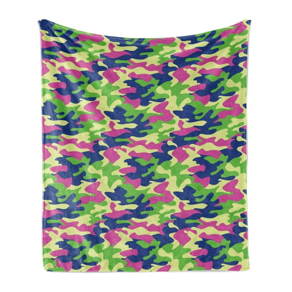 Abstract Soft Flannel Fleece Blanket, Camouflage Style Pattern with Vibrant Tones Modern Design Wavy Shapes Arrangement, Cozy Plush for Indoor and Outdoor Use, 50" x 70", Multicolor, by Ambesonne