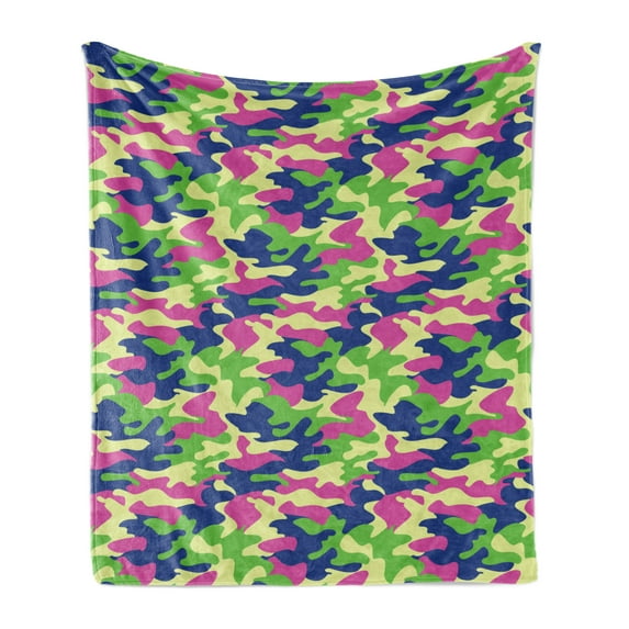 Abstract Soft Flannel Fleece Blanket, Camouflage Style Pattern with Vibrant Tones Modern Design Wavy Shapes Arrangement, Cozy Plush for Indoor and Outdoor Use, 50" x 70", Multicolor, by Ambesonne