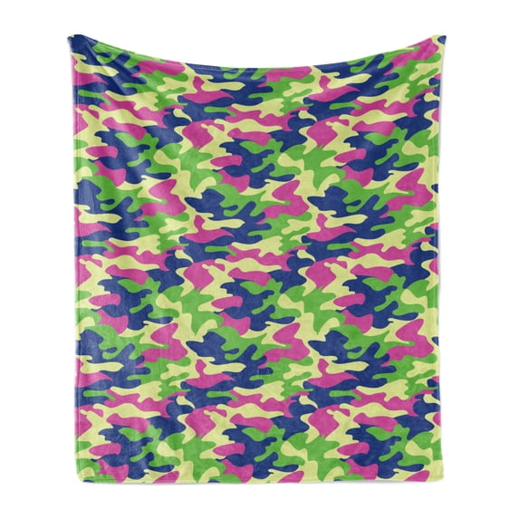 Abstract Soft Flannel Fleece Blanket, Camouflage Style Pattern with Vibrant Tones Modern Design Wavy Shapes Arrangement, Cozy Plush for Indoor and Outdoor Use, 50" x 60", Multicolor, by Ambesonne