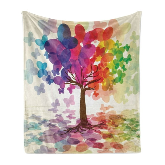Abstract Soft Flannel Fleece Blanket, Colorful Blooming Spring Season Tree with Butterflies Pastoral Nature Illustration, Cozy Plush for Indoor and Outdoor Use, 60" x 80", Multicolor, by Ambesonne