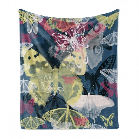 Abstract Soft Flannel Fleece Blanket, Colorful Butterflies Hand Drawn Springtime Natural Wildlife Detailed Illustration, Cozy Plush for Indoor and Outdoor Use, 50" x 60", Multicolor, by Ambesonne
