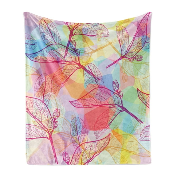 Abstract Soft Flannel Fleece Blanket, Colorful Coming of the Spring Season Arrangement with Flourishing Foliage Leaves, Cozy Plush for Indoor and Outdoor Use, 50" x 60", Multicolor, by Ambesonne