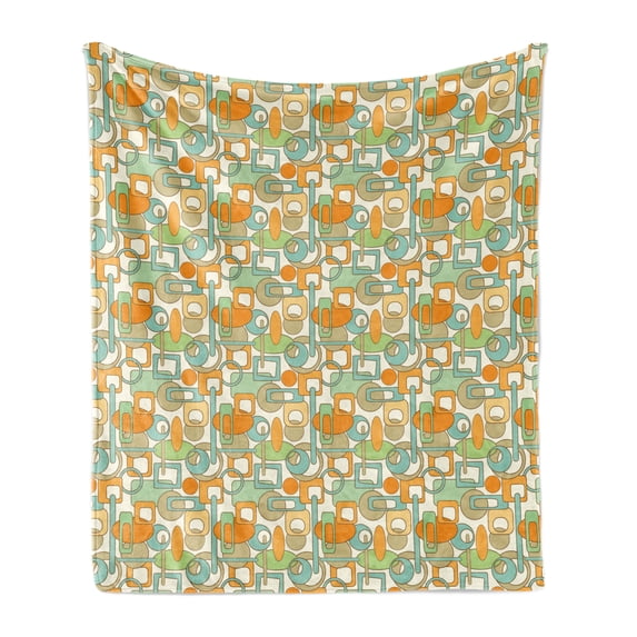 Abstract Soft Flannel Fleece Blanket, Colorful Geometrical Shapes with Gaps Circles Oval Lines Mix Pattern, Cozy Plush for Indoor and Outdoor Use, 50" x 60", Orange Green Pale Blue, by Ambesonne