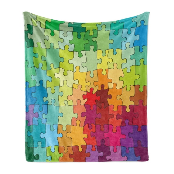 Abstract Soft Flannel Fleece Blanket, Colorful Puzzle Pieces Fractal Children Hobby Activity Leisure Toys Cartoon Image, Cozy Plush for Indoor and Outdoor Use, 60" x 80", Multicolor, by Ambesonne