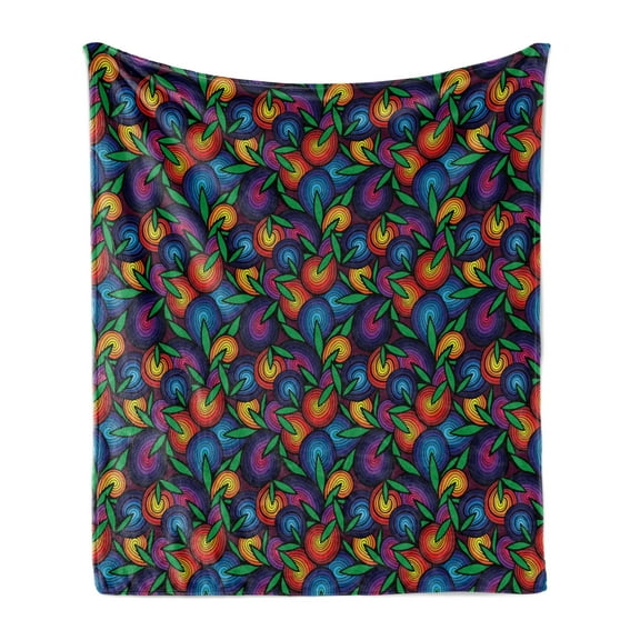 Abstract Soft Flannel Fleece Blanket, Colorful Spiral Blossoms with Green Leaves Psychedelic Groovy Natural Art Design, Cozy Plush for Indoor and Outdoor Use, 50" x 60", Multicolor, by Ambesonne