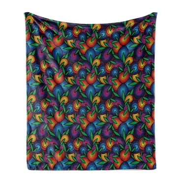 Abstract Soft Flannel Fleece Blanket, Colorful Spiral Blossoms with Green Leaves Psychedelic Groovy Natural Art Design, Cozy Plush for Indoor and Outdoor Use, 50" x 70", Multicolor, by Ambesonne
