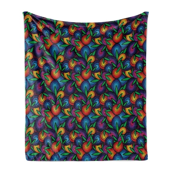 Abstract Soft Flannel Fleece Blanket, Colorful Spiral Blossoms with Green Leaves Psychedelic Groovy Natural Art Design, Cozy Plush for Indoor and Outdoor Use, 70" x 90", Multicolor, by Ambesonne