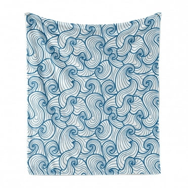 Abstract Soft Flannel Fleece Blanket, Composition of Spiraling Waves in Monotone Style Oceanic Marine Elements, Cozy Plush for Indoor and Outdoor Use, 50" x 70", Sea Blue and White, by Ambesonne
