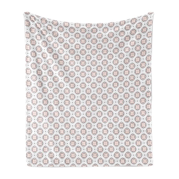 Abstract Soft Flannel Fleece Blanket, Continuing Motifs of Geometric Shapes Ornate Tile Inspired Details, Cozy Plush for Indoor and Outdoor Use, 50" x 70", Peach Dark Grey and White, by Ambesonne